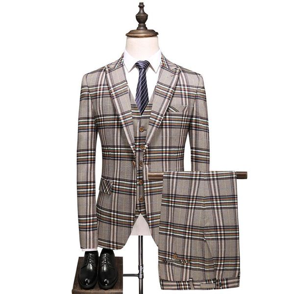 

brand khaki suits men 2021 classic check fashion casual 3 piece suit for wedding dress groom prom men's & blazers, White;black