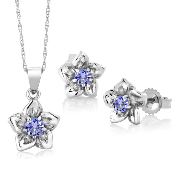 

white gold 0.34 ct round blue tanzanite flower pendant earrings set bracelet, & necklace, Black