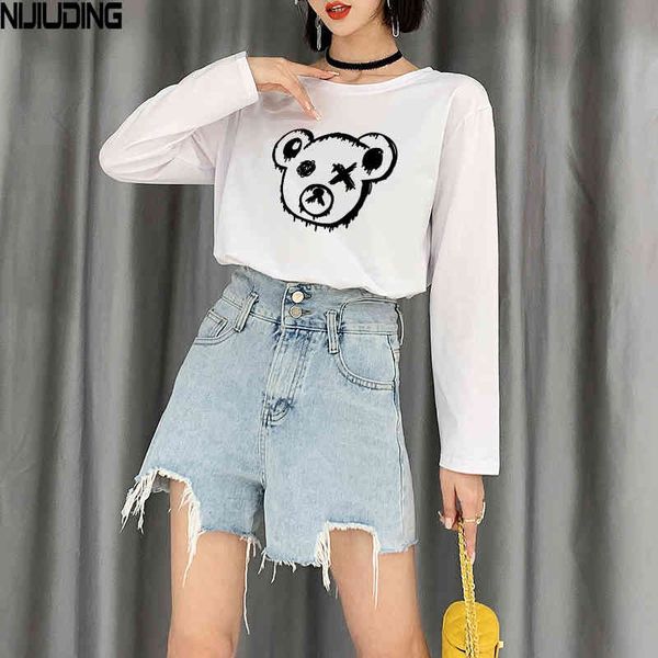 Nijiuidng outono branco de algodão puro frouxo t - shirts mulheres casuais dos desenhos animados manga longa o-pescoço spandex tops senhoras 210514