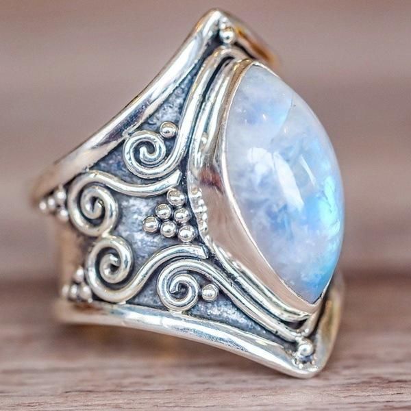 

wedding rings vintage tibetan silver big stone crystal for women boho antique moonstone ring fine jewelry girls ladies gifts, Slivery;golden