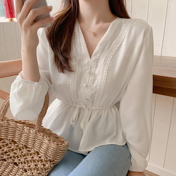 

men's casual shirts v-neck white blouse sashes woman clothes 2021 fall lace long sleeve shirt women blouses chemisier femme, White;black