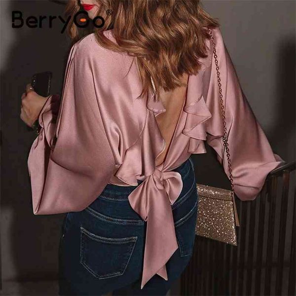 

berrygo long batwing sleeve women blouse pink backless bowknot solid lady high fashion autumn streetwear 210513, White