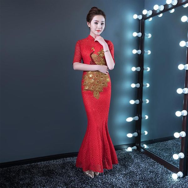 

casual red lace cheongsam qipao women long traditional chinese dress evening gown party dresses style chinois femme chau, Black;gray