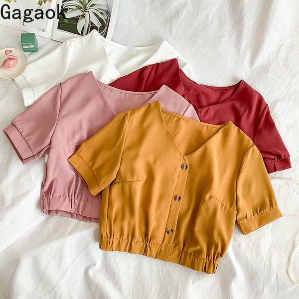 

women casual t-shirt summer solid v-neck button short slim navel simple chic wild female fashion korean pullover 210531, White
