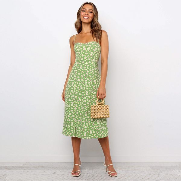 

summer ladies floral print spaghetti strap women 2021 new sleeveless high wasit a-line knee-length dress, Black;gray