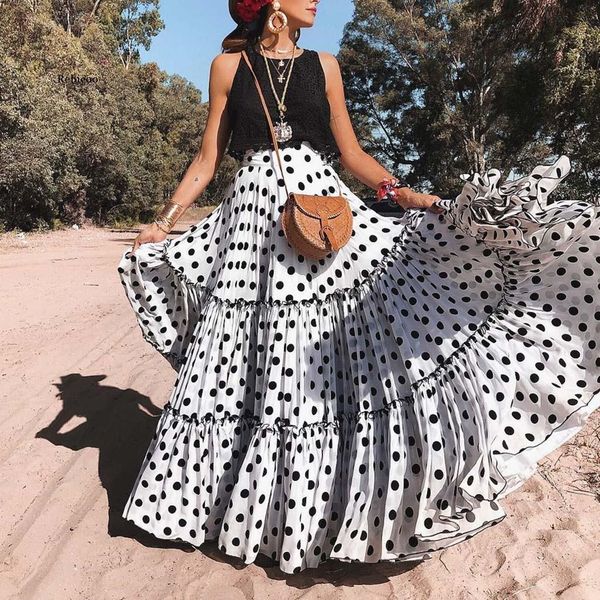 

polka dot maxi layered womens skirts high waist summer long pleated beach jupe femme, Black