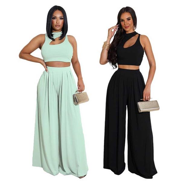 

women's two piece pants 2021 summer fashion sets 2 set sleeveless short + and wide leg suit female casual solid streetwear vestidos, White
