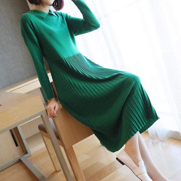 

women's autumn winter dress 2021 long sleeve loose green midi pleated streetwear knitted sweater dresses ladies fashion casual, Black;gray