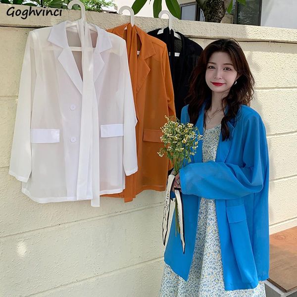 

women's suits & blazers summer thin women sashes solid simple casual sun protection double breasted loose long outwear female fashion a, White;black