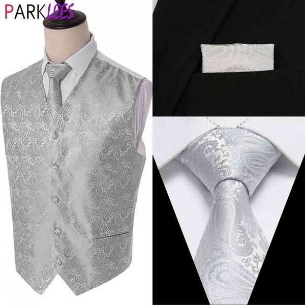 Mens Silver Paisley Gilet Cravatta Pocket Square Vest Suit Set per smoking Wedding Groom Party Dress Vest per uomo Chaleco 210522