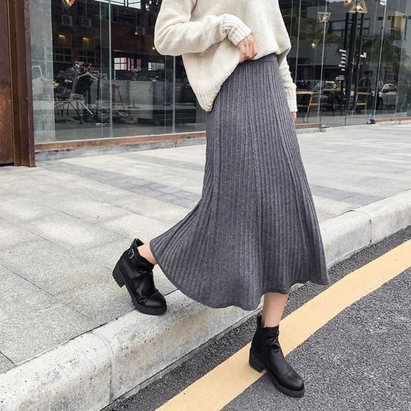 

knitted skirt for fall/winter high-waist solid color pleated skirt a-line mid-length skirt 210709, Black