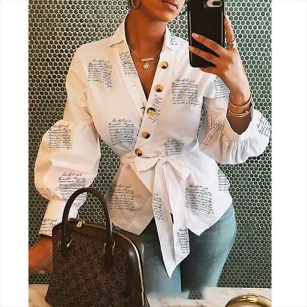 

elegant long puff sleeve women shirt v neck letetr print white shirts bandage outfits clothes