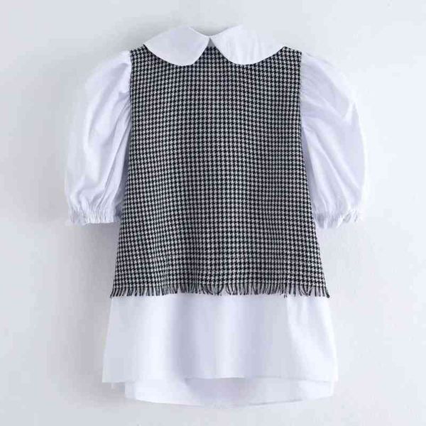 

summer women houndstooth splicing white shirt female puff sleeve blouse casual lady loose blusas s8908 210430