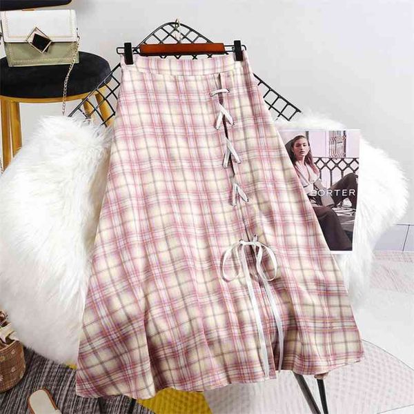 

spring summer simple lattice elastic high waist slim belt all-match casual elegant women a-line long skirt 210527, Black