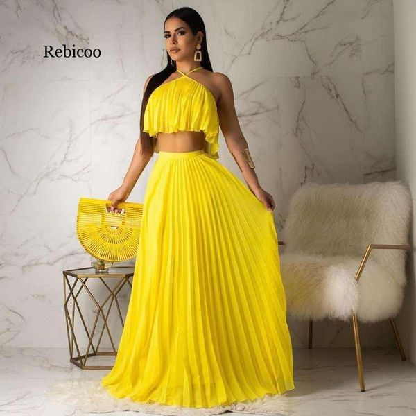 

summer chiffon two piece long dress women elegant 2 set crop and skirt sleeveless beach party outfit, White