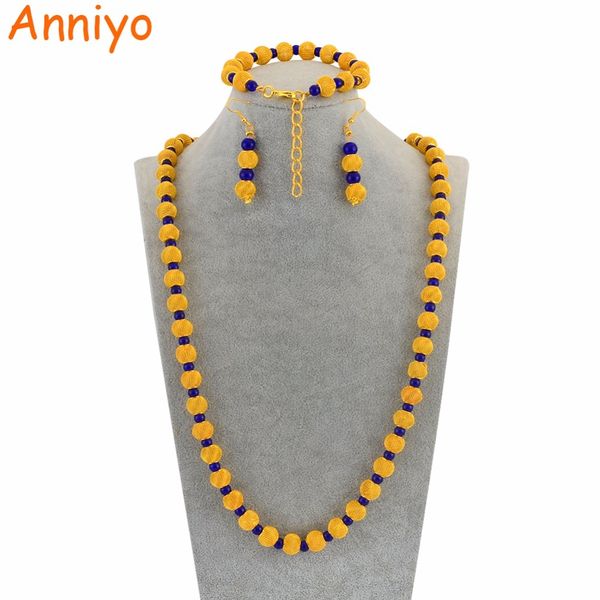 

jewelry sets anniyo 77cm beads necklace and 23cm ball bracelets earrings for women african gold color rosary party #124806, Black
