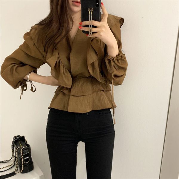 

dress style elegant gentle sweet chic brief ruffles v-neck waist-controlled stylish women all-match shirts, White