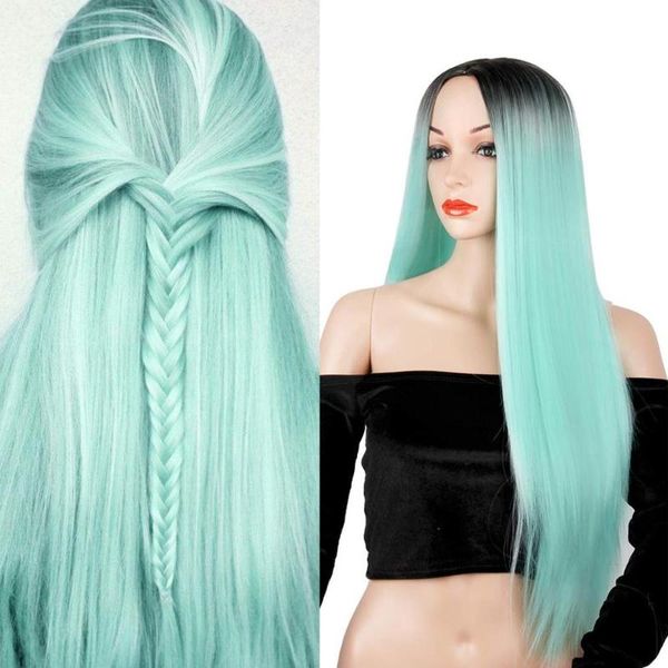

synthetic wigs ombre mint green long straight wig middle part heat resistant fiber for woman party cosplay daily, Black