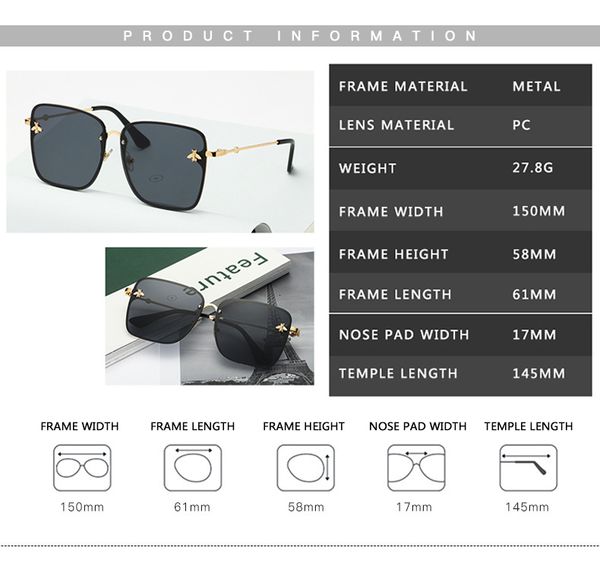 

2021 summer 2021 lady oversize rimless square bee sunglasses women brand fashion small gradient sun glasses female uv400 a520, White;black