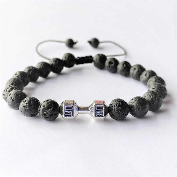 

lava volcano stone tiger eye stone knitting adjustable bracelet sports fitness barbell dumbbell bracelet for men and women, Black
