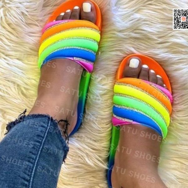 

sandals summer rainbow women's slippers casual flat breathable beach shoes light women chaussure femme, Black