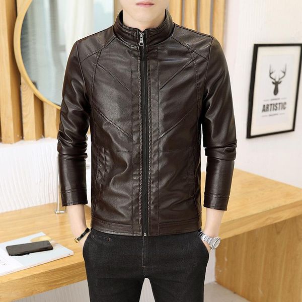 

faux leather men suit slim fit coat autumn jacket streetwear male outerwear casual pu zipper men's standing collar fur &, Black