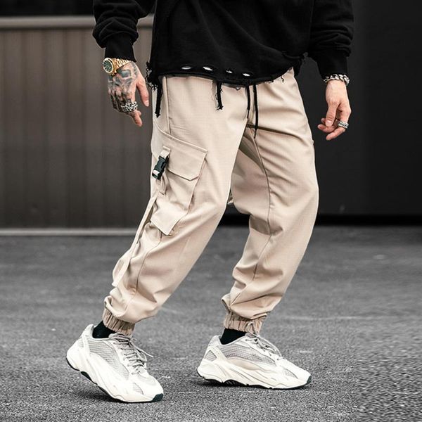 

japanese style street fashion pants cotton drawstring cargo ankle length khaki men spring sweatpants hip hop man men's, Black
