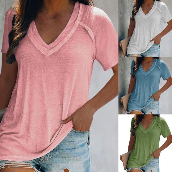 

women's t-shirt 2021 fashion women elegant solid color ladies tee casual v-neck short sleeve female, White