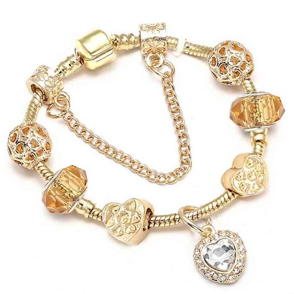 

diy gold color heart shaped crystal bead bangle bracelet with charm, White