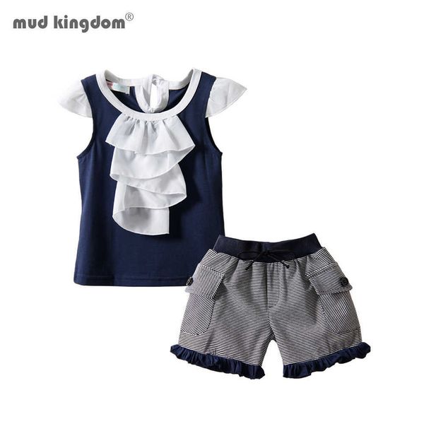 

mudkingdom girls outfits fashion ruffled striped summer shorts set 210615, White