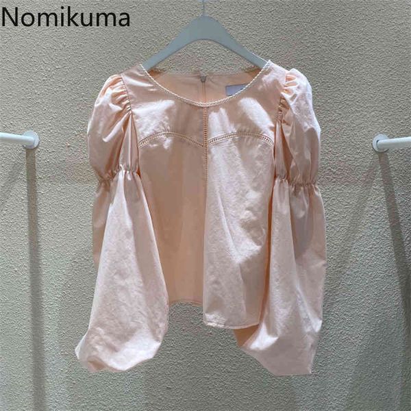 

nomikuma causal o-neck women blouse spring new pleated lantern sleeve shirt korean solid elegant blusas feminimos 6f527 210427, White