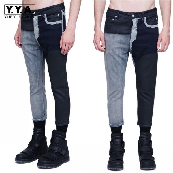 

men vintage patchwork washed waxed slim jeans designer punk biker denim trousers casual zipper cargo pencil pants streetwear men's, Blue