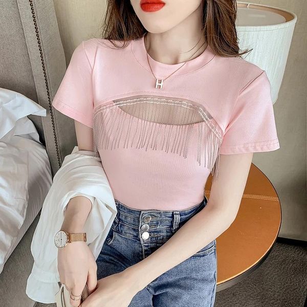 

women's t-shirt ggright summer short woman hollow out tassel cotton sleeve tshirt women clothing pink tee shirt crop top, White