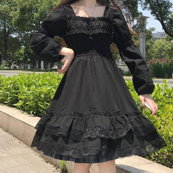 

japanese victorian gothic women dresses square collar lace ruffles black lolita autumn girls punk style long sleeve mini, Black;gray