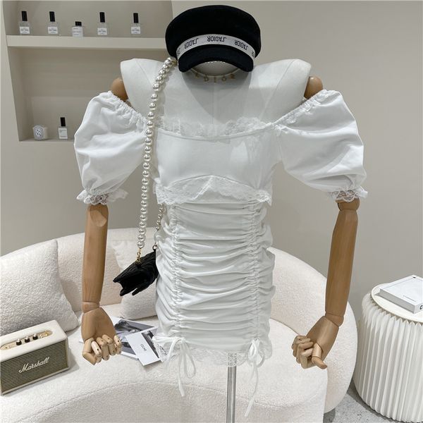 

spring summer 2021 women's niche design fashion ribbon bubble strap short sleeve square collar dress, Black;gray
