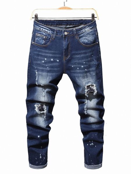 

men splash ink print ripped patched jeans g6vn#, Blue