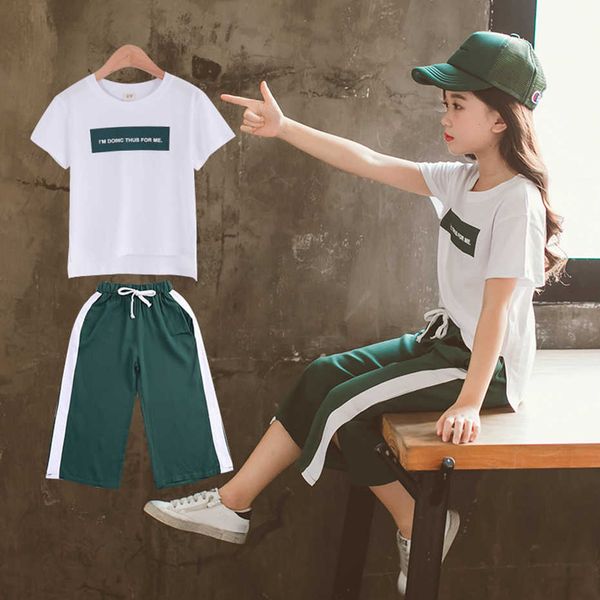 

summer clothes for girls letter sport clothing tshirt + pants tracksuit teenage kids 6 8 10 12 14 210528, White