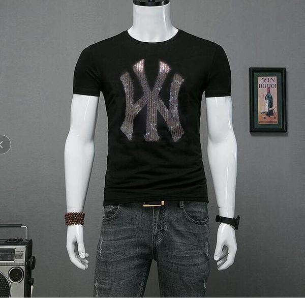 

men's t-shirts 2021 men fashion casual short sleeved rhinestone tshirt slim fit male drill business brand clothing soft, White;black