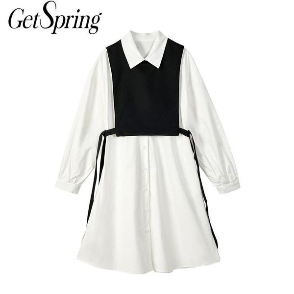 

getspring women dress color matching long sleeve spring fashion white cotton es 210601, Black;gray