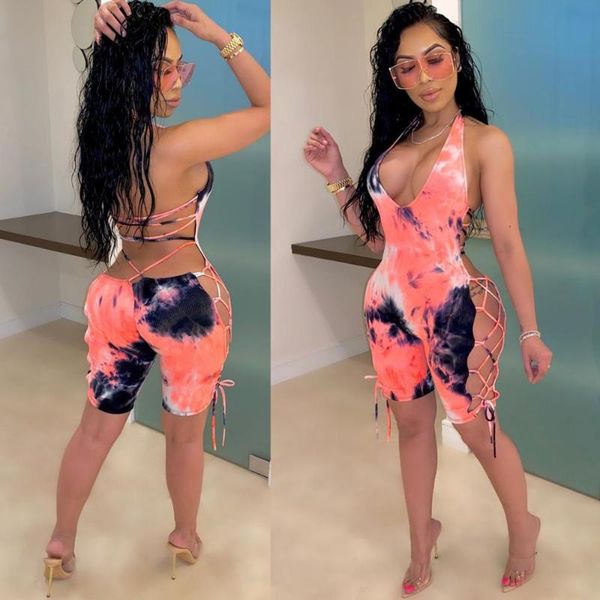 

tie dye printed skinny rompers womens side band cut out bandage romper sleeceless summer hollow party overalls xyz-3527 women's jumpsui, Black;white
