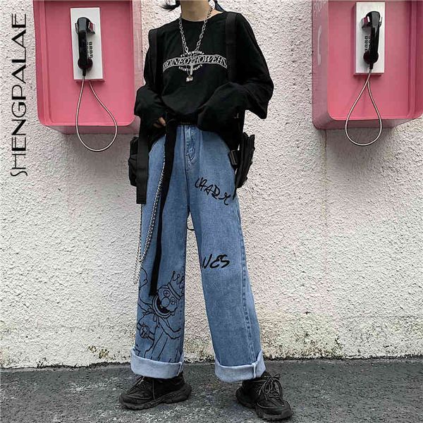 

women's jeans summer casual woman long trousers cowboy female loose streetwear cartoon print wide leg pants za4911 d9ij, Blue