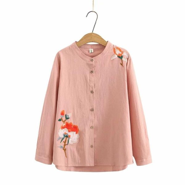 

women's blouses & shirts plus size pure cotton embroidery stand collar women 2021 spring autumn casual ladies soft blouse female, White