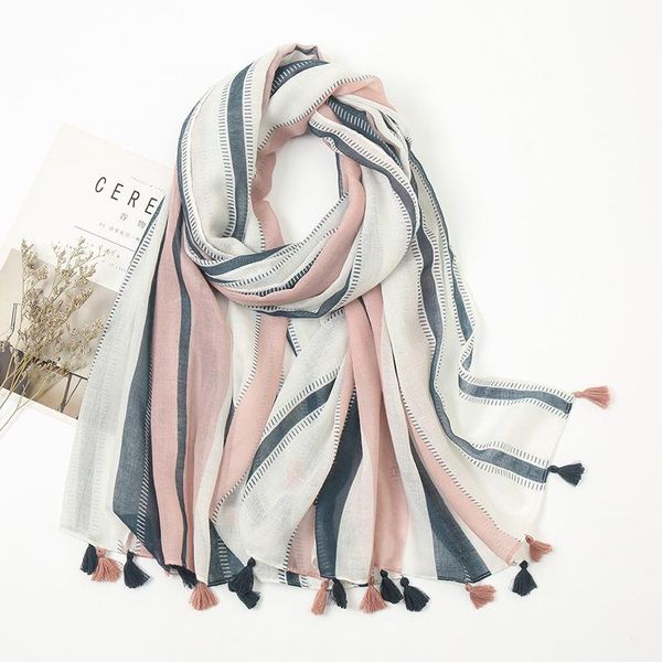 

scarves 2021 spring women scarf gray white striped contrast silk travel sunscreen for ladies shawls, Blue;gray