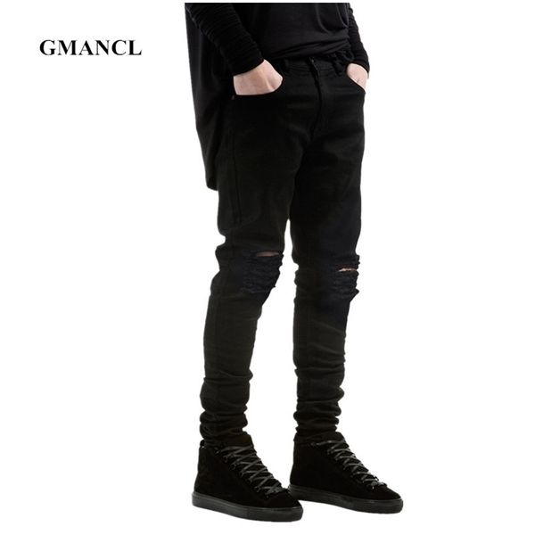 Erkekler Siyah Yırtık Skinny Jeans Hip Hop Swag Denim Çizik Biker Kot Joggers Pantolon Ünlü Marka Tasarımcısı Erkek Pantolon 211206