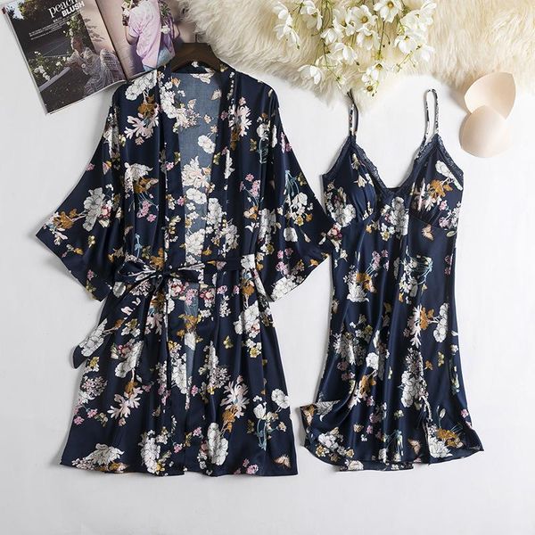 

women's sleepwear lady homewear kimono bathrobe gown satin print flower robe set intimate lingerie short home clothing 2pcs sleep, Black;red