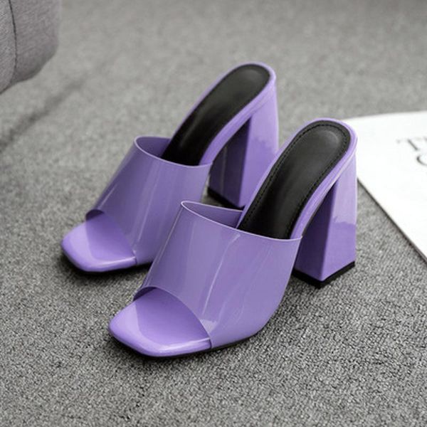 

sandals women's shoes summer candy color thick high heel patent leather .5cm slip on square toe2021, Black