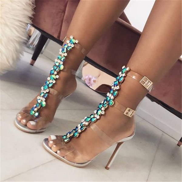 Frau Sandalen PVC Kristall Schuhe Bling Blau Strass Dekor High Heels Weibliche Einzelne Sommer Knöchel Schnalle Sandale Boot