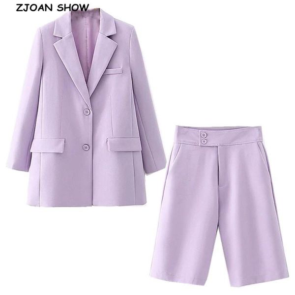 

women's two piece pants 2021 autumn 70s boyfriend women long blazer lavender loose high waist knee length wide leg sleeve suits 2 piece, White