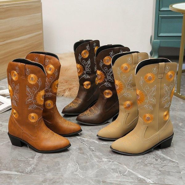 

boots 2021 retro gothic leather slip on women chunky mid-calf high embroidery cowboy western fall vintage shoes zapatos de mujer, Black