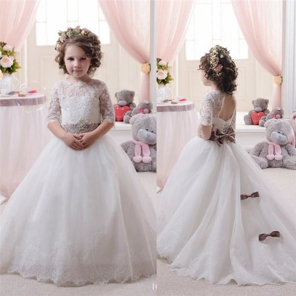

ball gown 2021 flower girl dresses for wedding long sleeve jewel neck little beads lace communion pageant gowns, White;blue